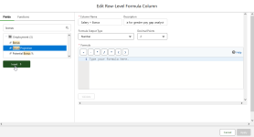 Screenshot showing edit row-level formula column dialog, part completed with bonus projection field selected for insertion